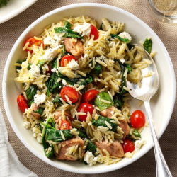 pork and orzo with feta cheese